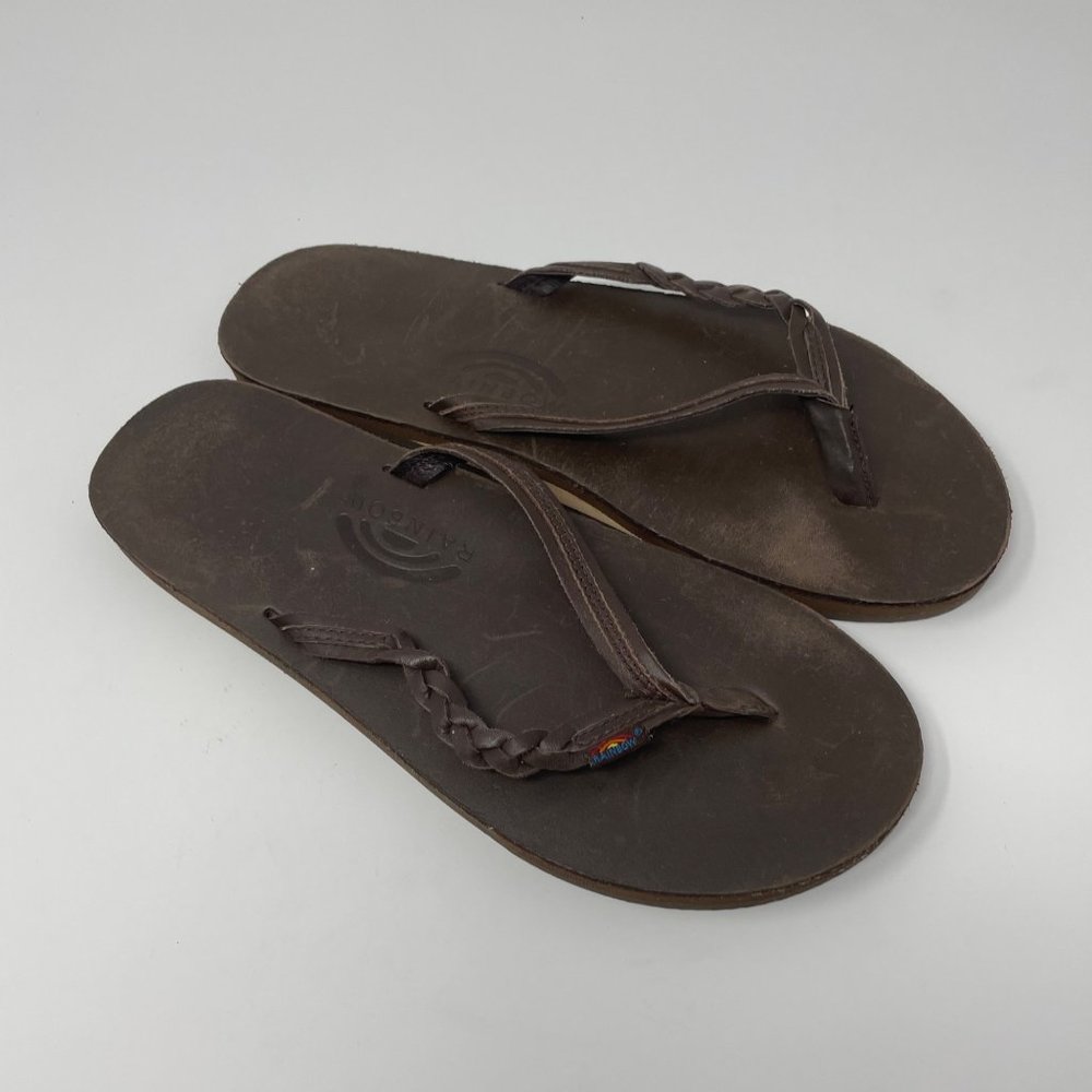 Rainbow Size L 9.5- 10.5 Brown Flip Flop Sandals Leather Braided
